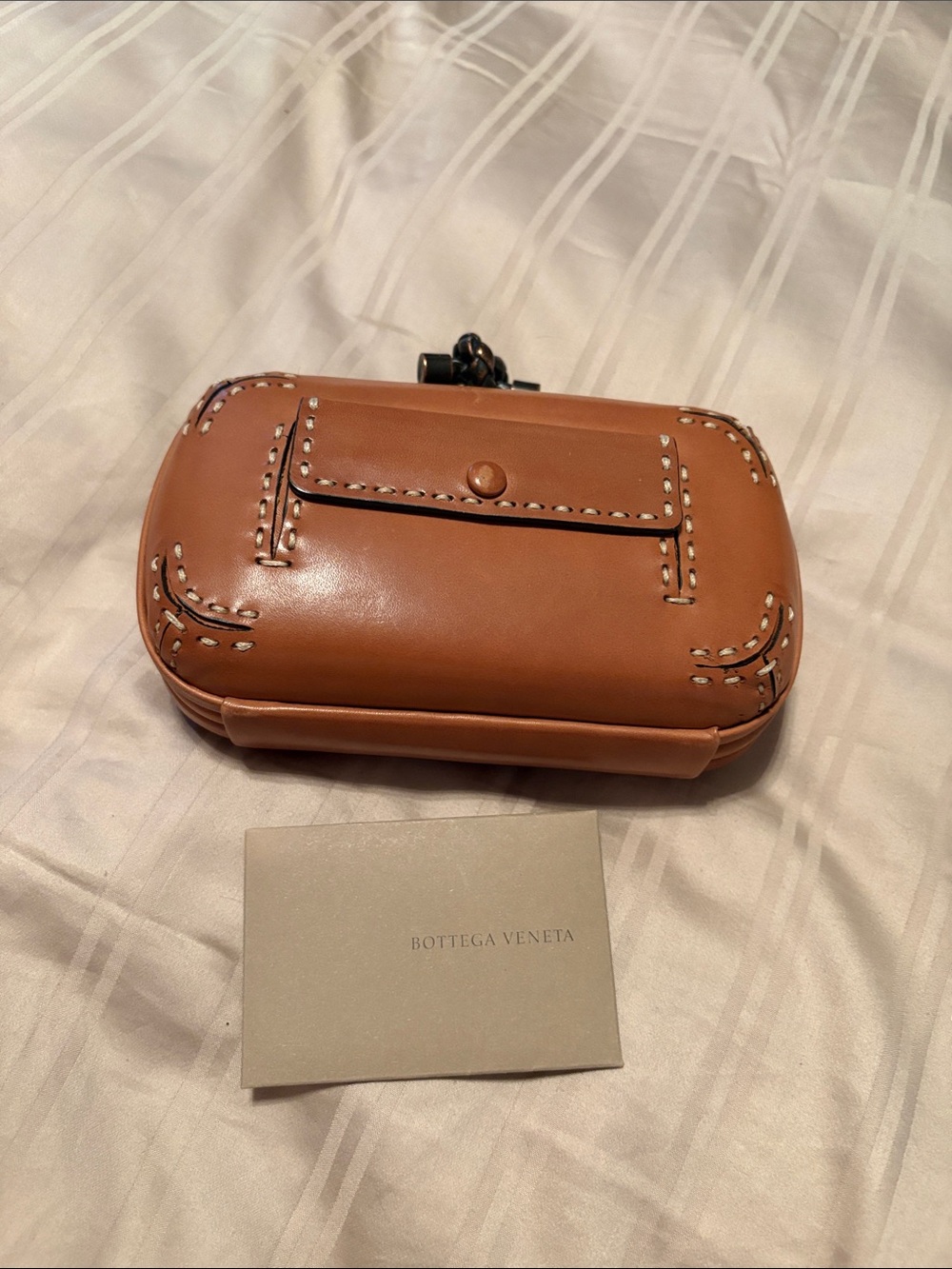 Bottega Veneta Cognac Brown Leather Clutch with Buckle Strap - Picture 2 of 5